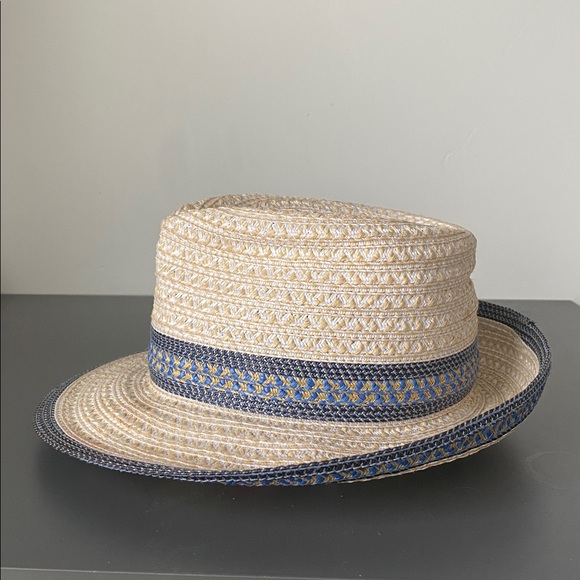 Eric Javits New York Women's Fedora Hat Blue Natural Beige Vacation Travel Beach - Picture 2 of 10